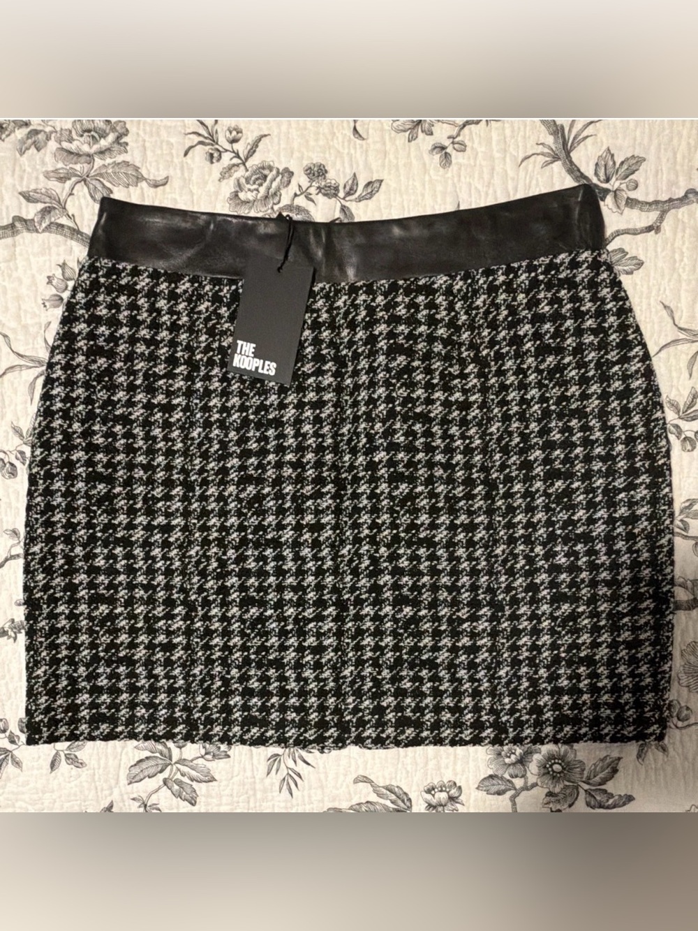 The Kooples Black and White Houndstooth Mini Skirt with Faux-Leather Waistband